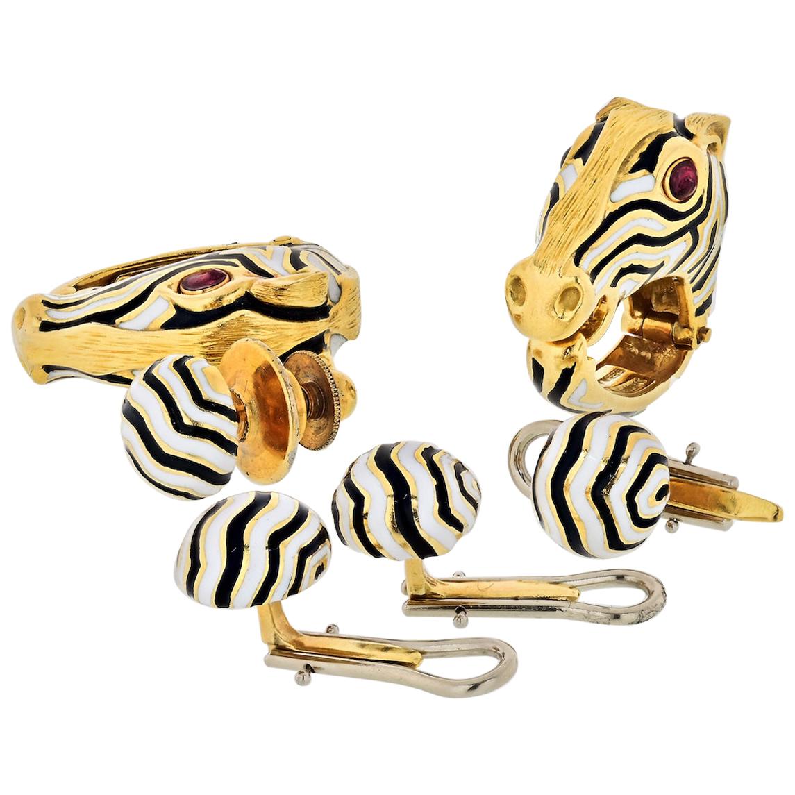 David Webb Platinum and 18K Yellow Gold Zebra White Enamel Cufflinks Jewelry Set For Sale
