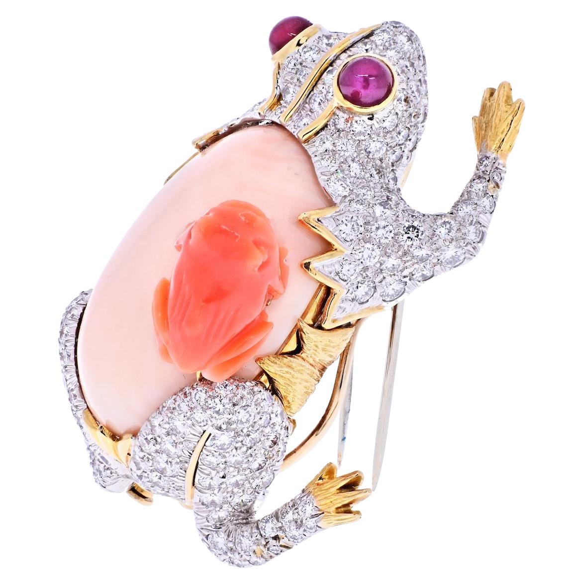 David Webb Platinum and Gold Frog with a Baby Frog in Diamonds and Coral Brooch