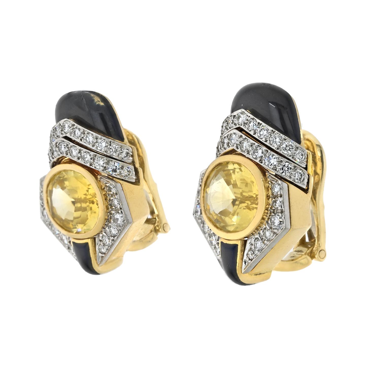 Modern David Webb Platinum And Gold Yellow Sapphire, Enamel And Diamond Clip Earrings For Sale