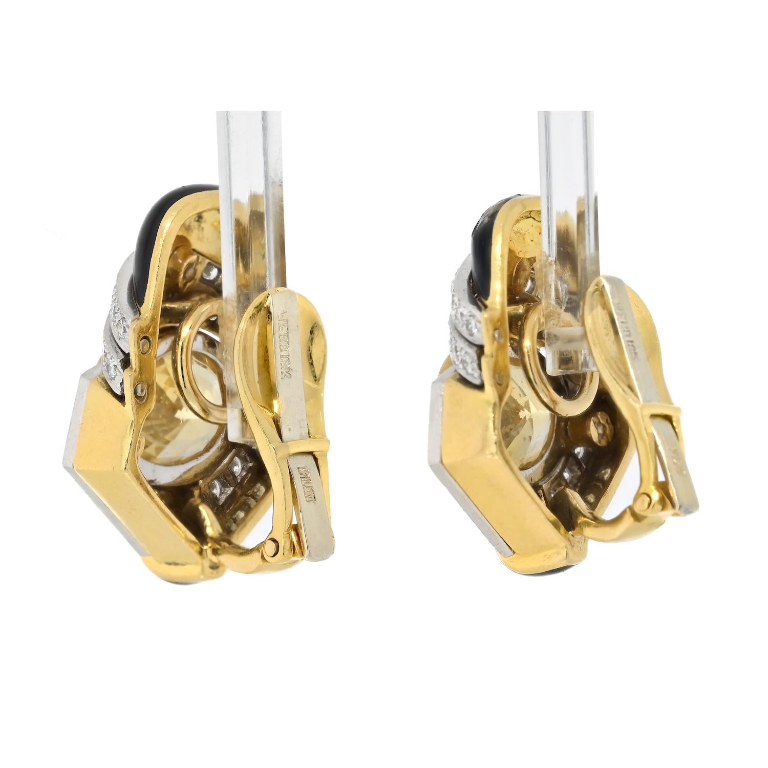 Oval Cut David Webb Platinum And Gold Yellow Sapphire, Enamel And Diamond Clip Earrings For Sale