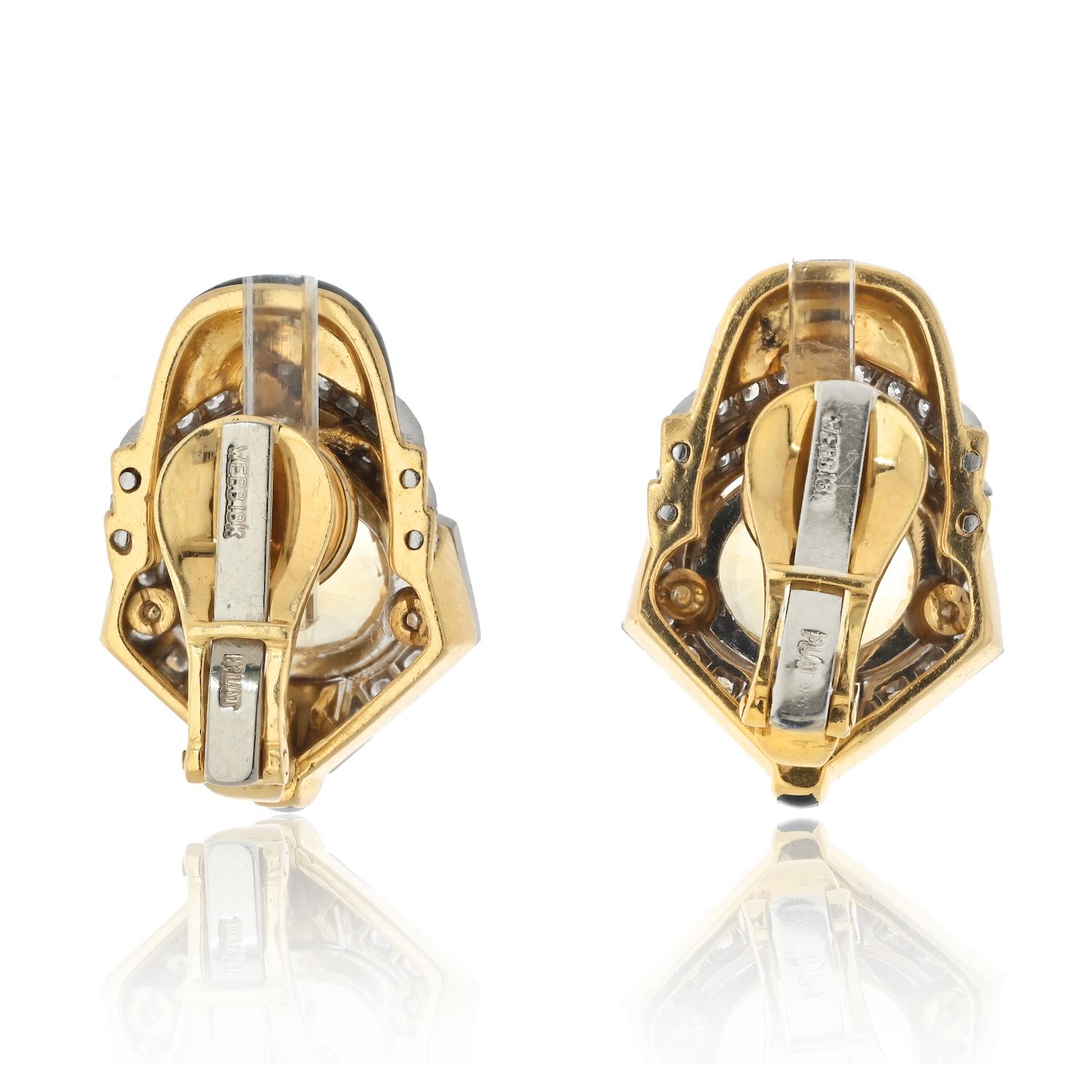 David Webb Platinum And Gold Yellow Sapphire, Enamel And Diamond Clip Earrings In Good Condition For Sale In New York, NY