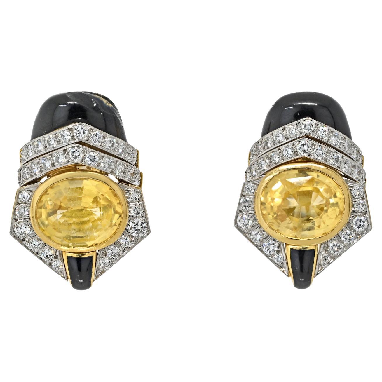 David Webb Platinum And Gold Yellow Sapphire, Enamel And Diamond Clip Earrings For Sale