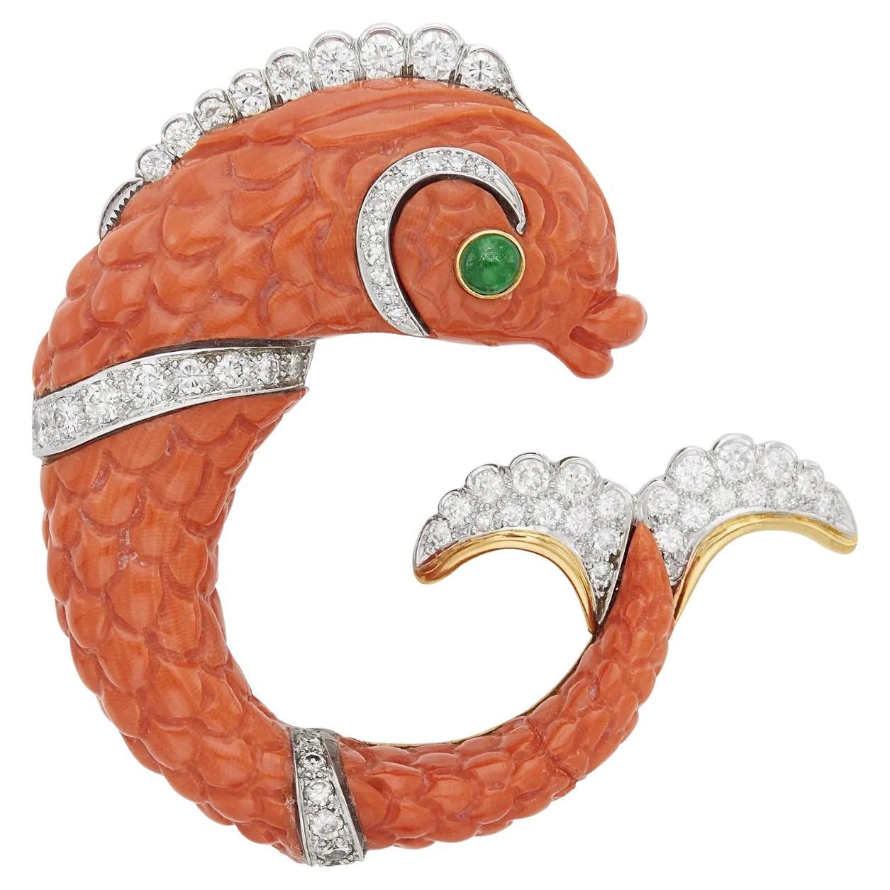 David Webb Platinum Carved Coral Dolphin Clip Brooch For Sale