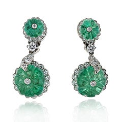 David Webb Platinum Carved Emerald and Diamond Dangle Drop Earrings