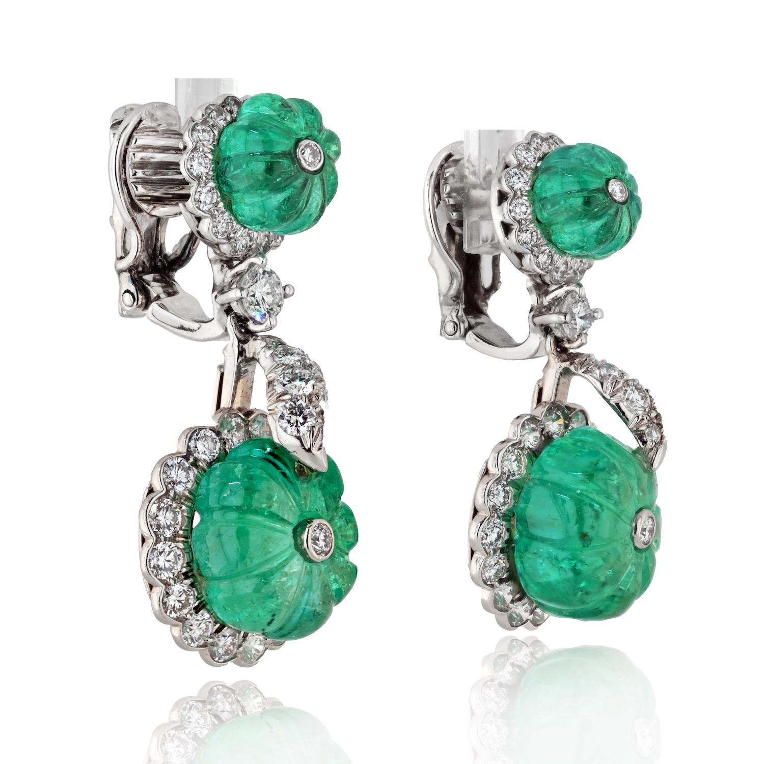 Modern David Webb Platinum Carved Emerald and Diamond Dangle Drop Earrings For Sale