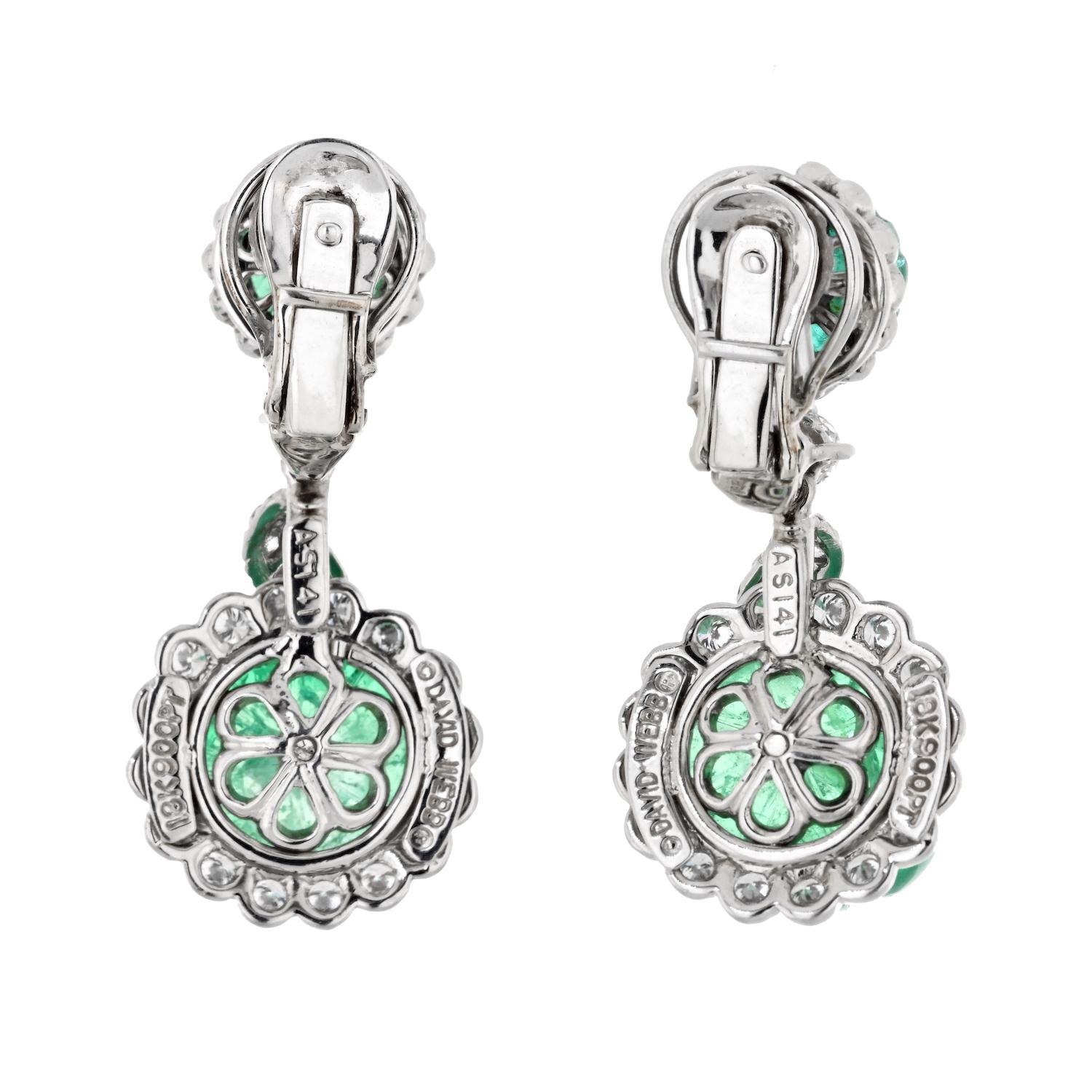 David Webb Platinum Carved Emerald and Diamond Dangle Drop Earrings In Excellent Condition For Sale In New York, NY