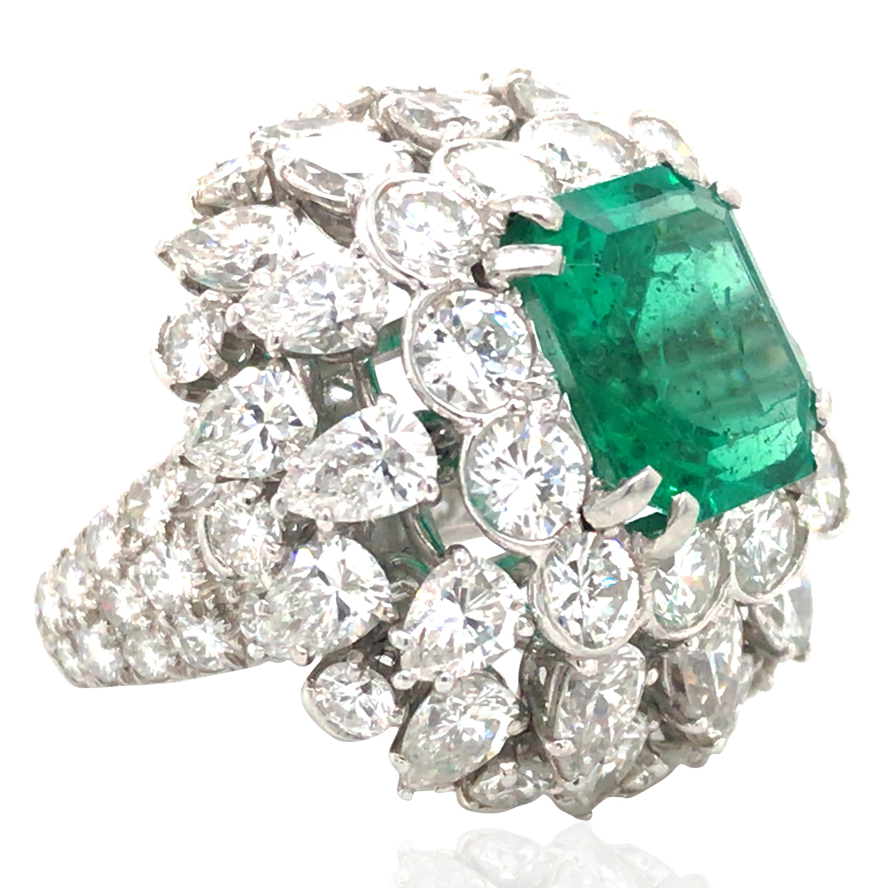 Cushion Cut David Webb, Platinum Colombia minor Emerald Diamond Ring, AGL For Sale