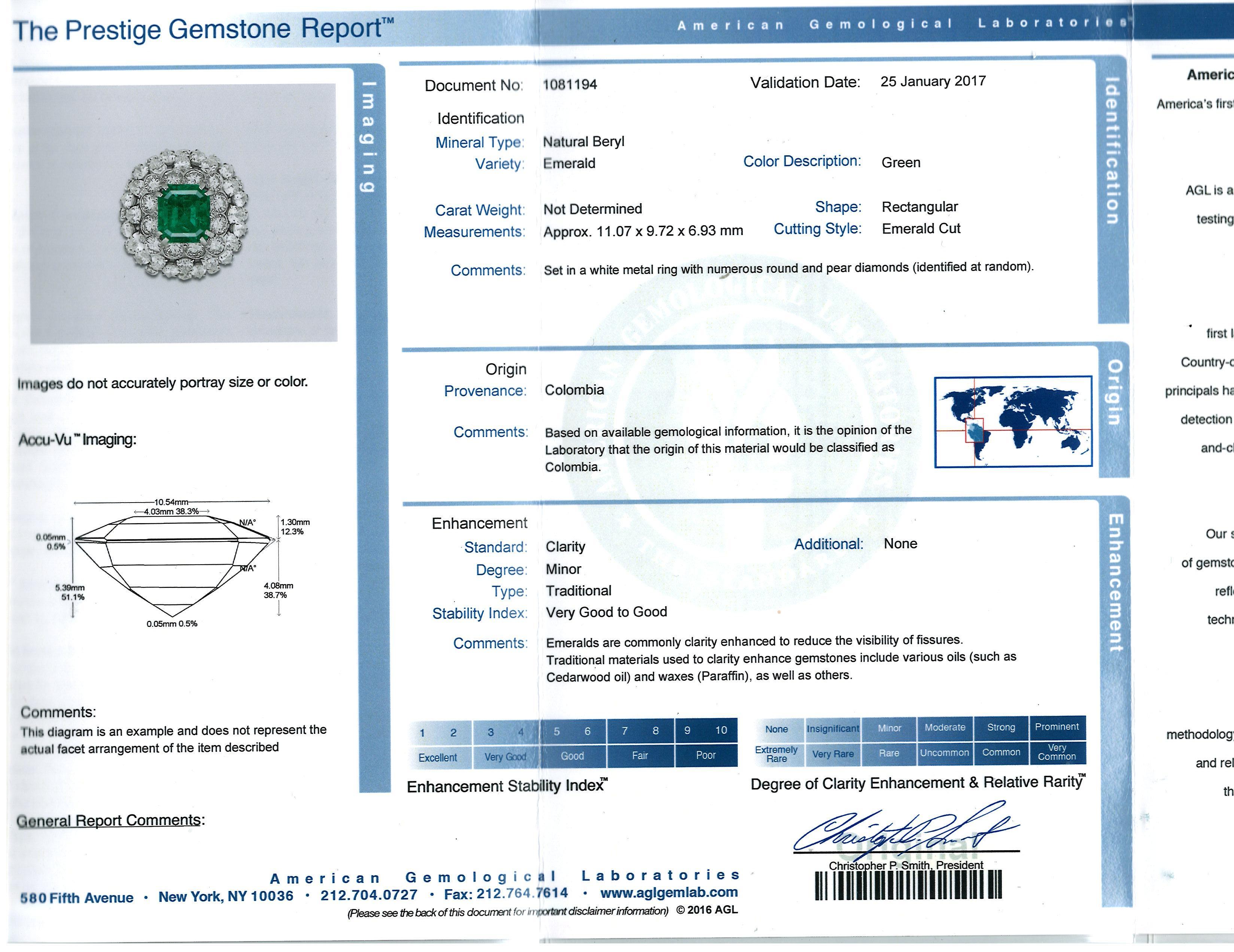 David Webb, Platinum Colombia minor Emerald Diamond Ring, AGL For Sale 1