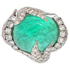 David Webb Platinum Diamond and Cabochon Cut Green Emerald Ring