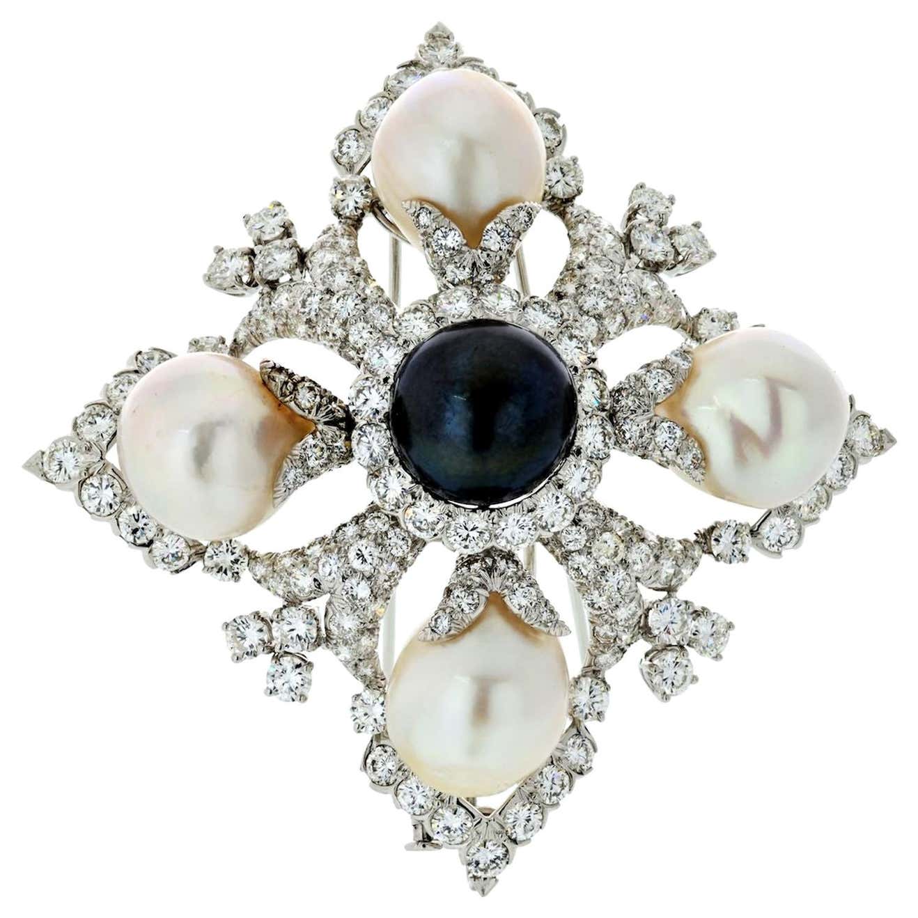David Webb Platinum Diamond and Pearl Maltese Cross Pendant Brooch For ...