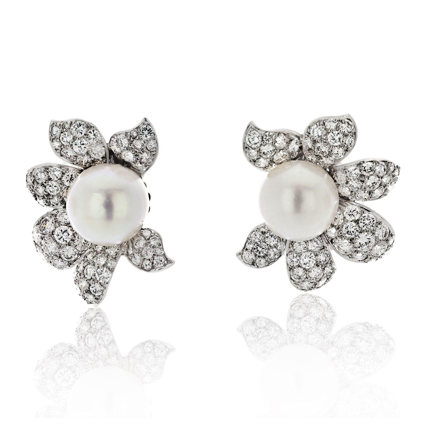 Modern David Webb Platinum Diamond And White Pearl Flower Clip Earrings For Sale