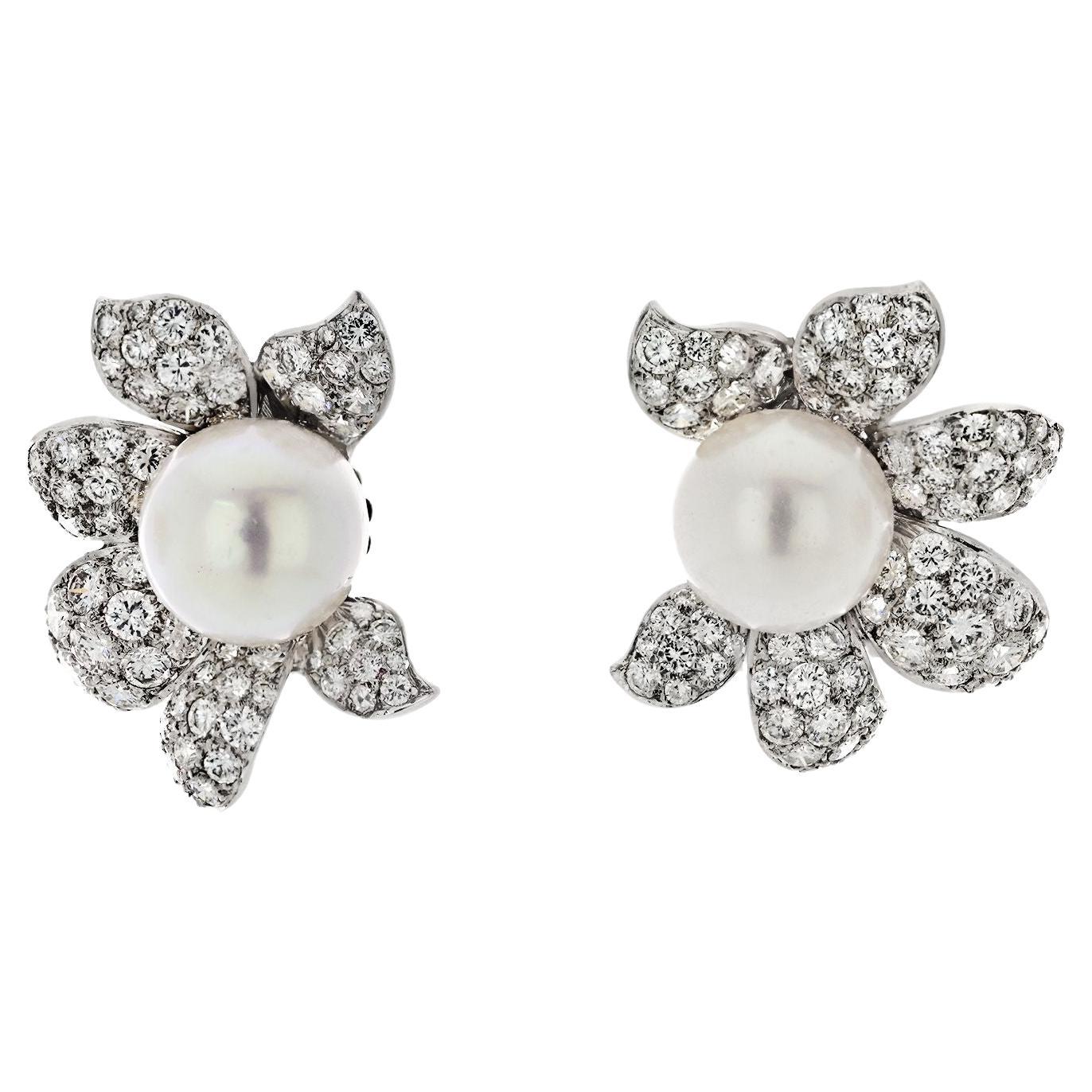 David Webb Platinum Diamond And White Pearl Flower Clip Earrings For Sale