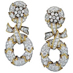 David Webb Platinum Diamond Drop Floral Motif Omega Backing Clip Vintage Earring