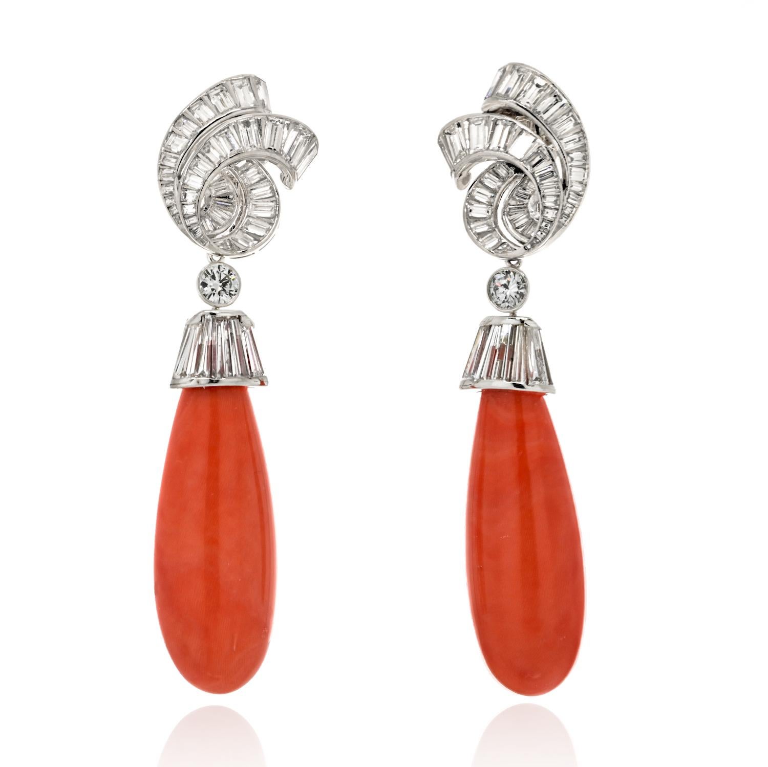 Modern David Webb Platinum Diamond Earrings with Hanging Dangling Coral For Sale