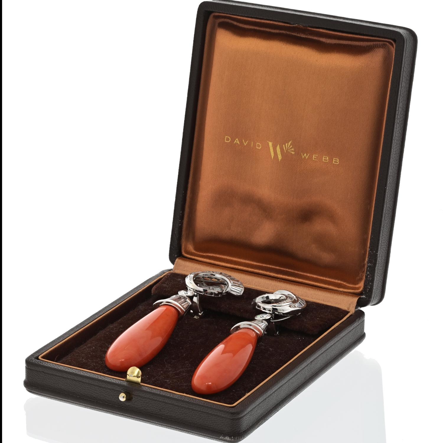 David Webb Platinum Diamond Earrings with Hanging Dangling Coral In Excellent Condition For Sale In New York, NY