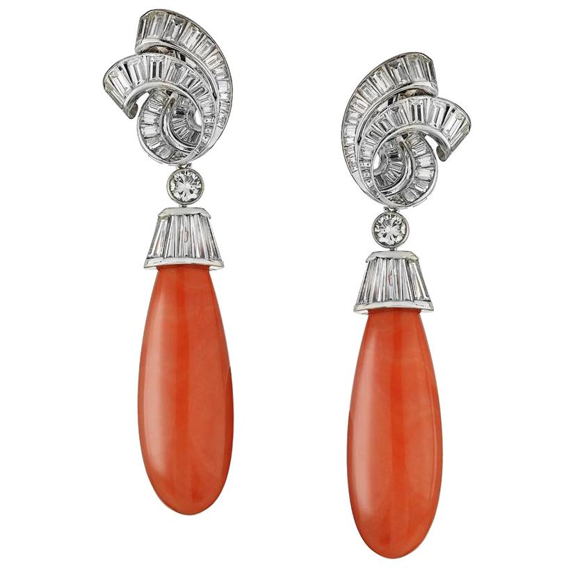 David Webb Platinum Diamond Earrings with Hanging Dangling Coral For Sale