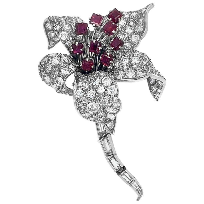 David Webb Platinum Flower Diamond Ruby Brooch