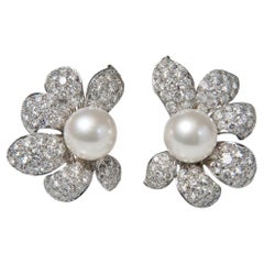 David Webb Platinum Flower Earrings 8 Carats of Diamonds and S. Sea Pearls