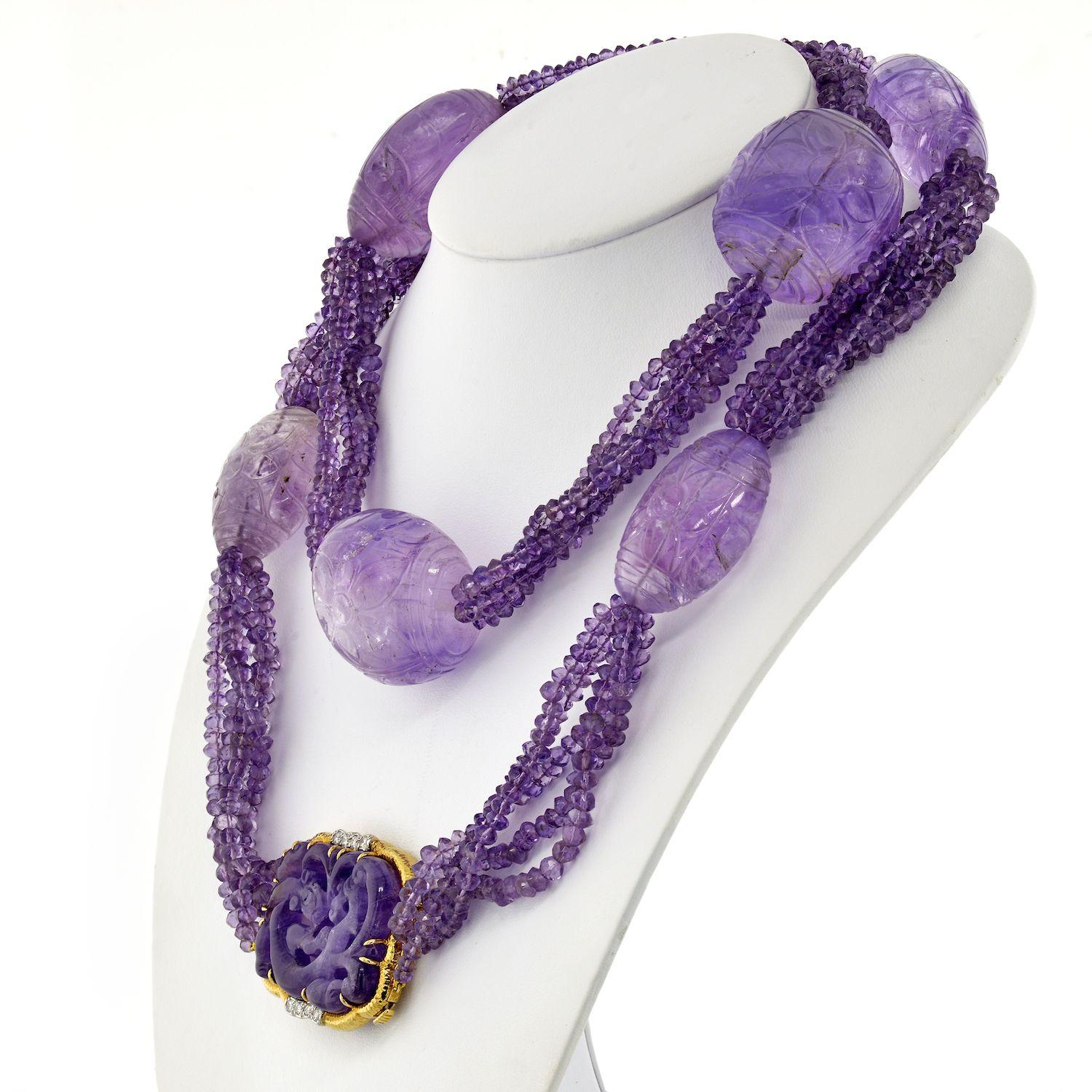 David Webb Platin & Gold geschnitzt Amethyst Multi-Strand Lavendel Perlenkette im Zustand „Hervorragend“ im Angebot in New York, NY