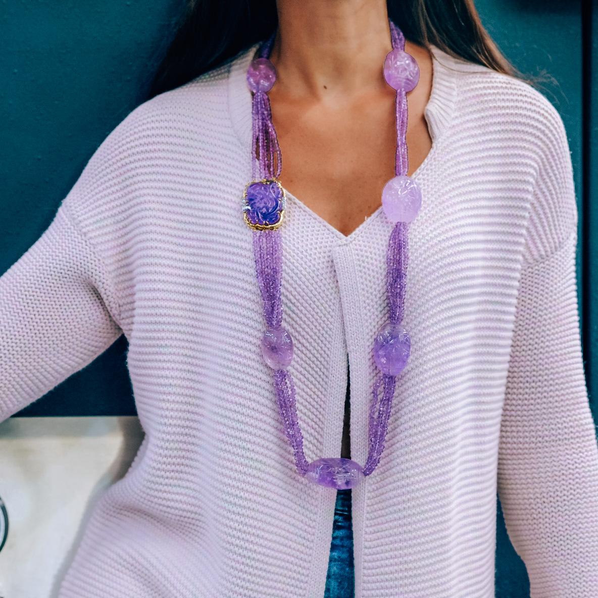 David Webb Platin & Gold geschnitzt Amethyst Multi-Strand Lavendel Perlenkette Damen im Angebot
