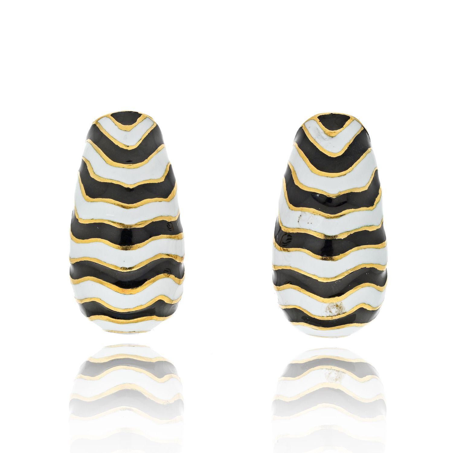 Women's David Webb Platinum & Gold Classic Zebra Black And White Stripe Enamel Earrings