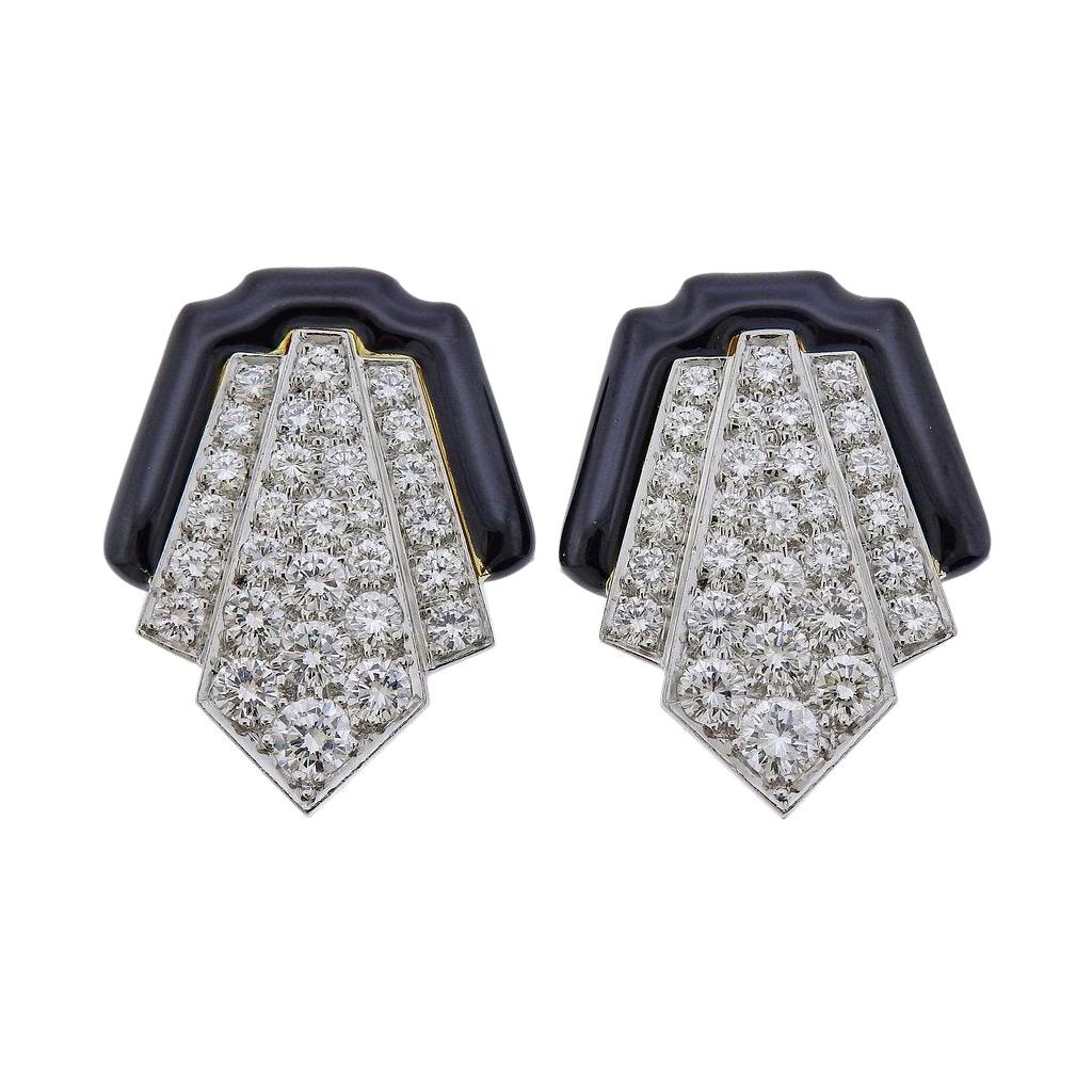David Webb Platinum Gold Diamond Enamel Earrings