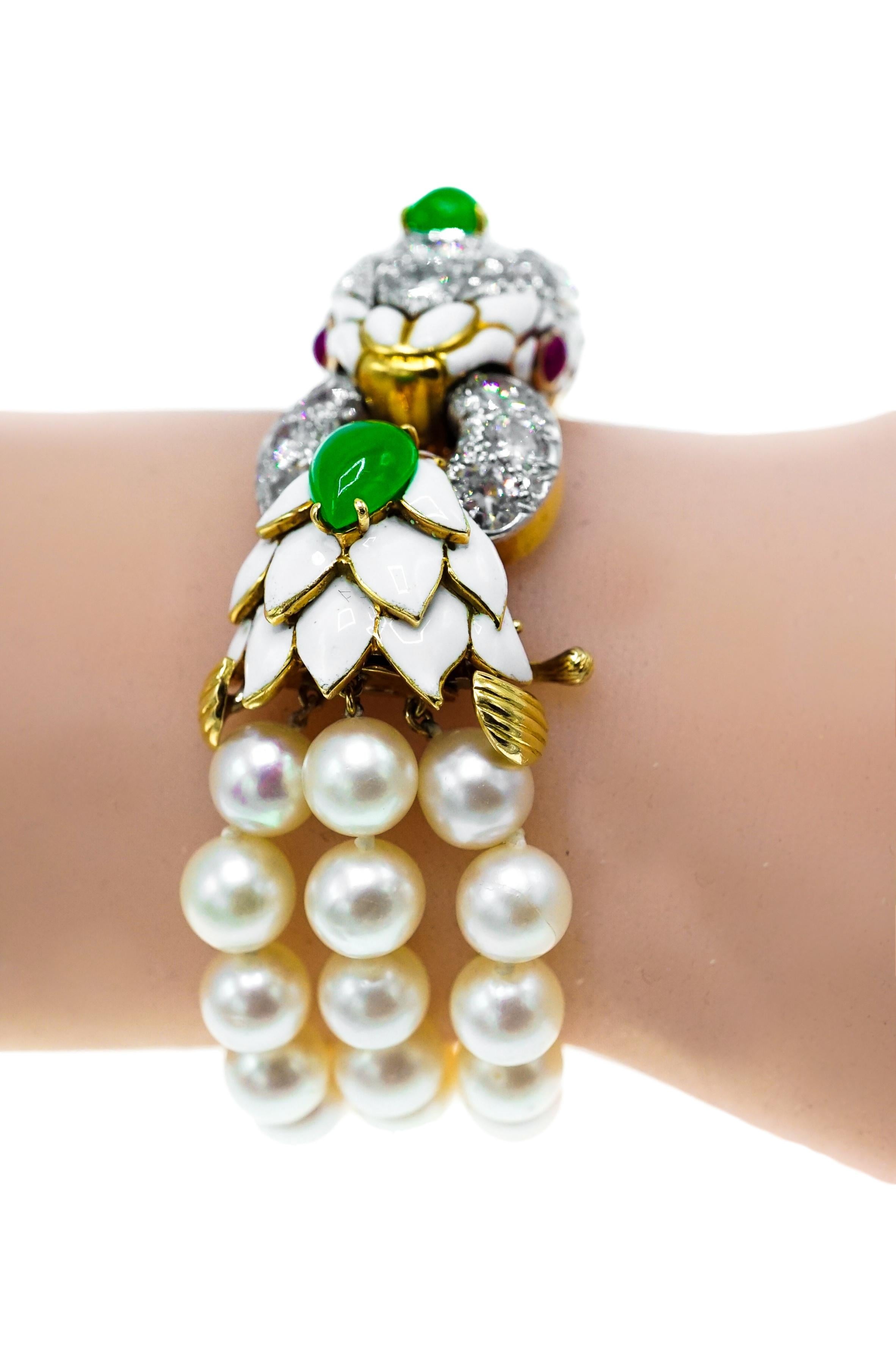 David Webb, Platinum Gold Diamond Jade Ruby Pearl and Enamel Bracelet 5