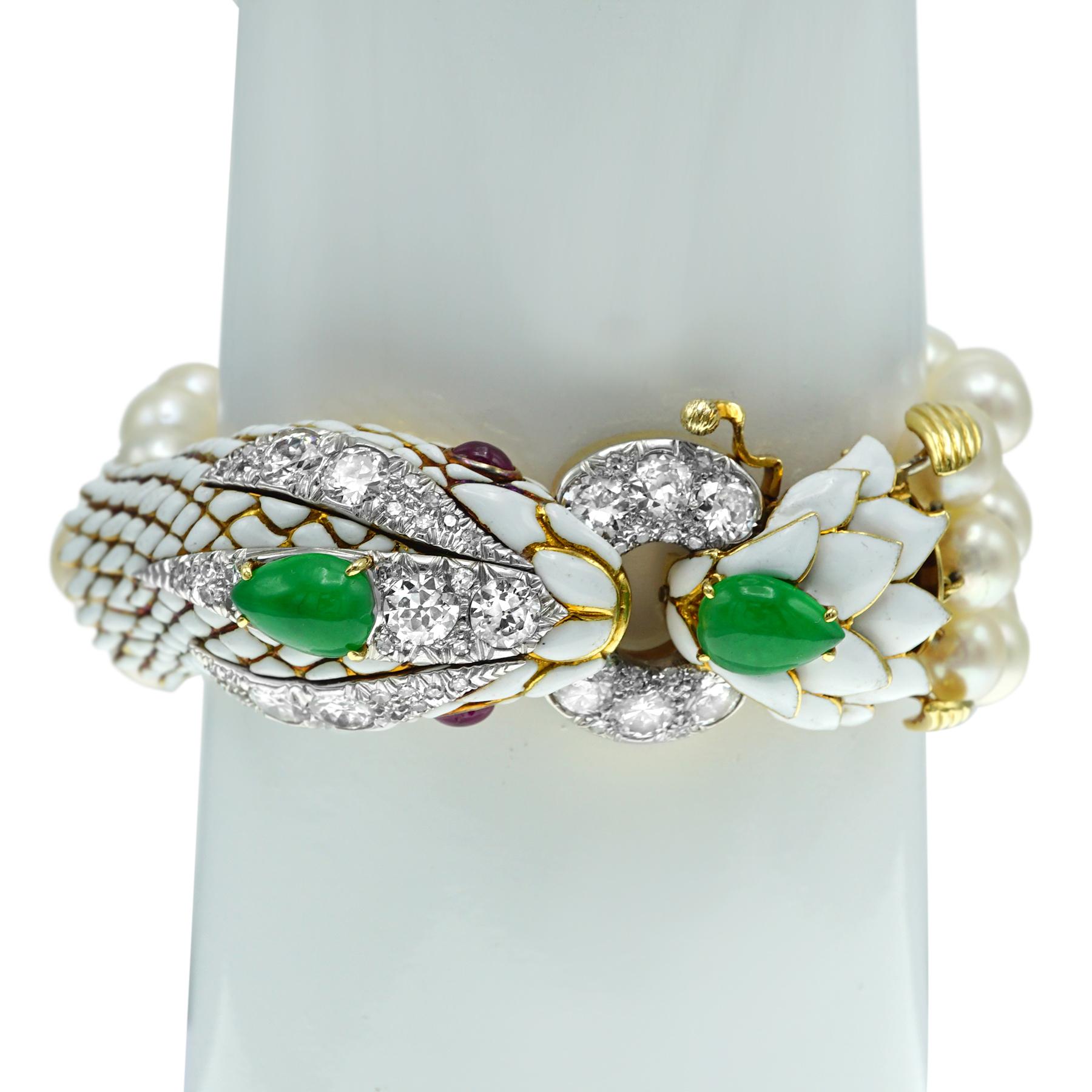 David Webb Platinum Gold Diamond Jade Ruby Pearl and Enamel Bracelet In Excellent Condition In New York, NY