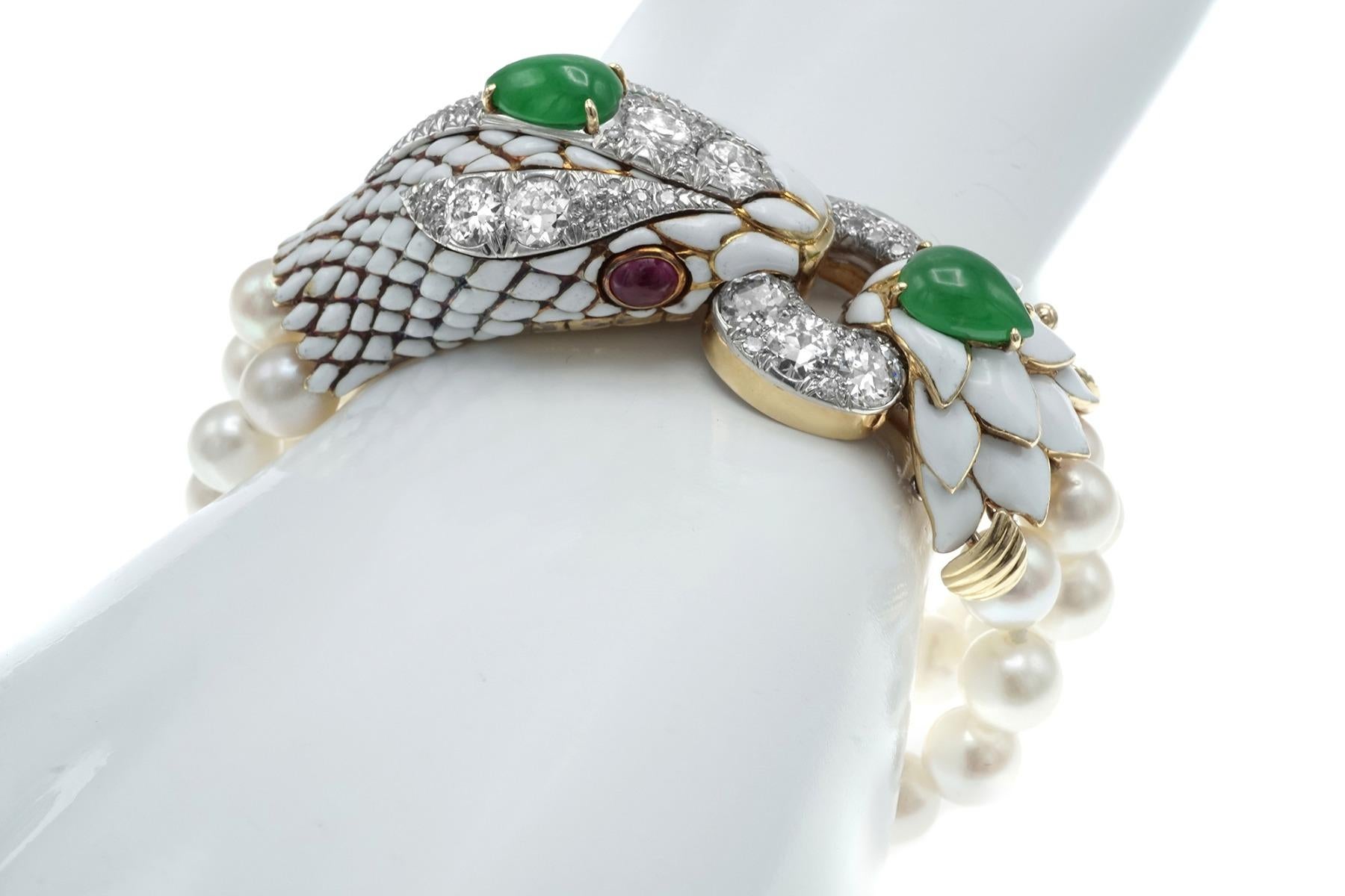 David Webb, Platinum Gold Diamond Jade Ruby Pearl and Enamel Bracelet In Excellent Condition In New York, NY