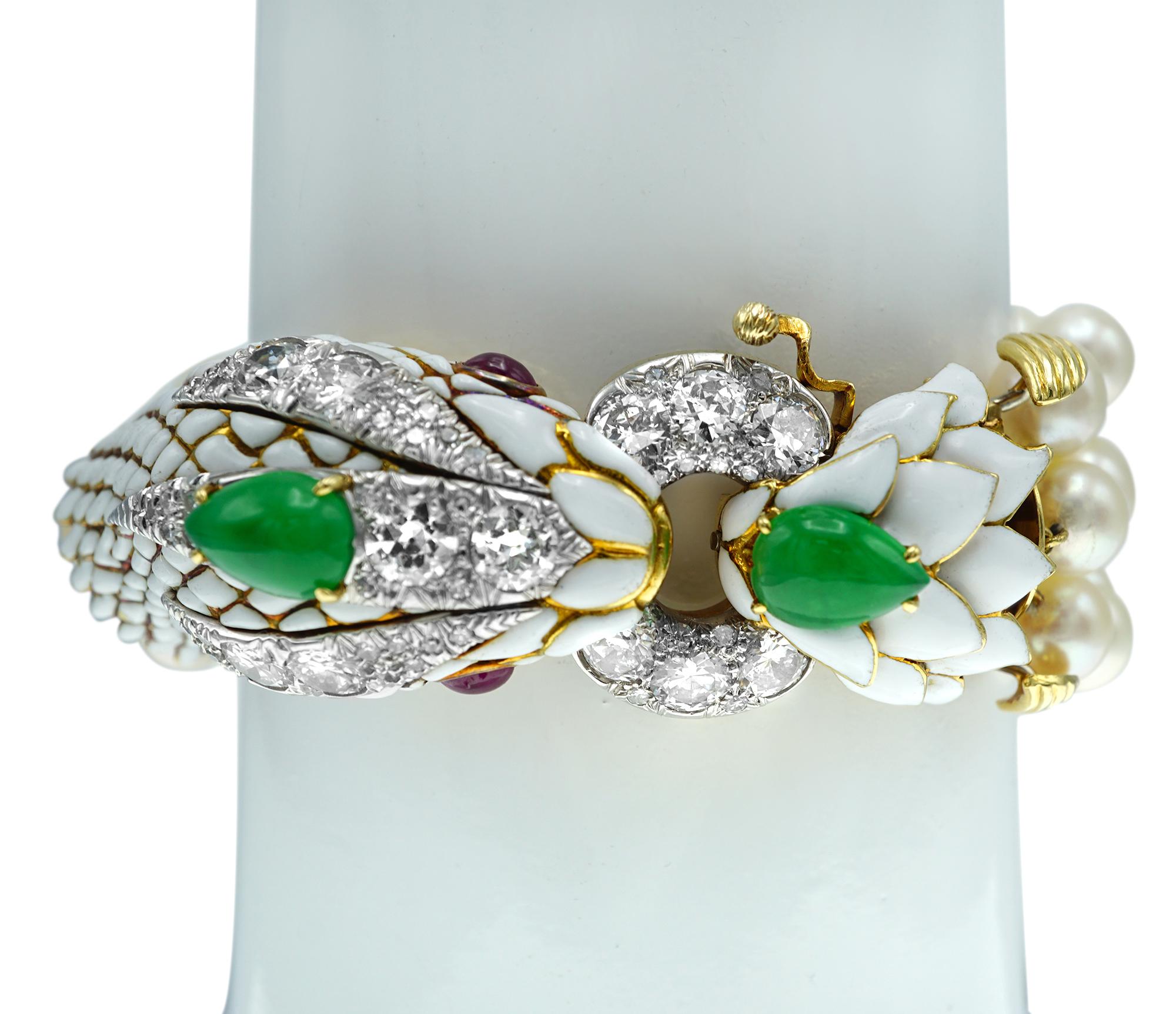 Women's David Webb Platinum Gold Diamond Jade Ruby Pearl and Enamel Bracelet