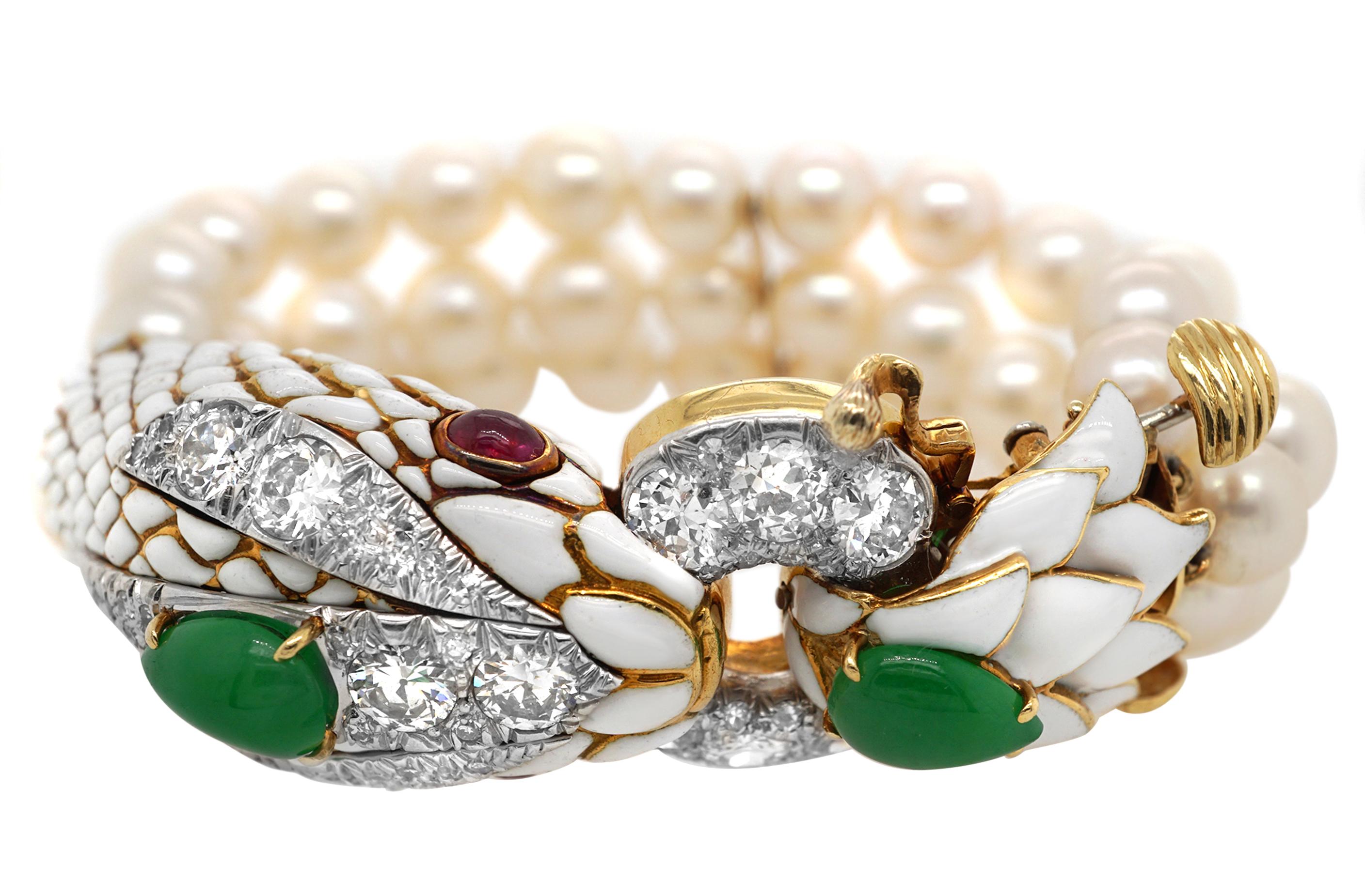 David Webb Platinum Gold Diamond Jade Ruby Pearl and Enamel Bracelet 1