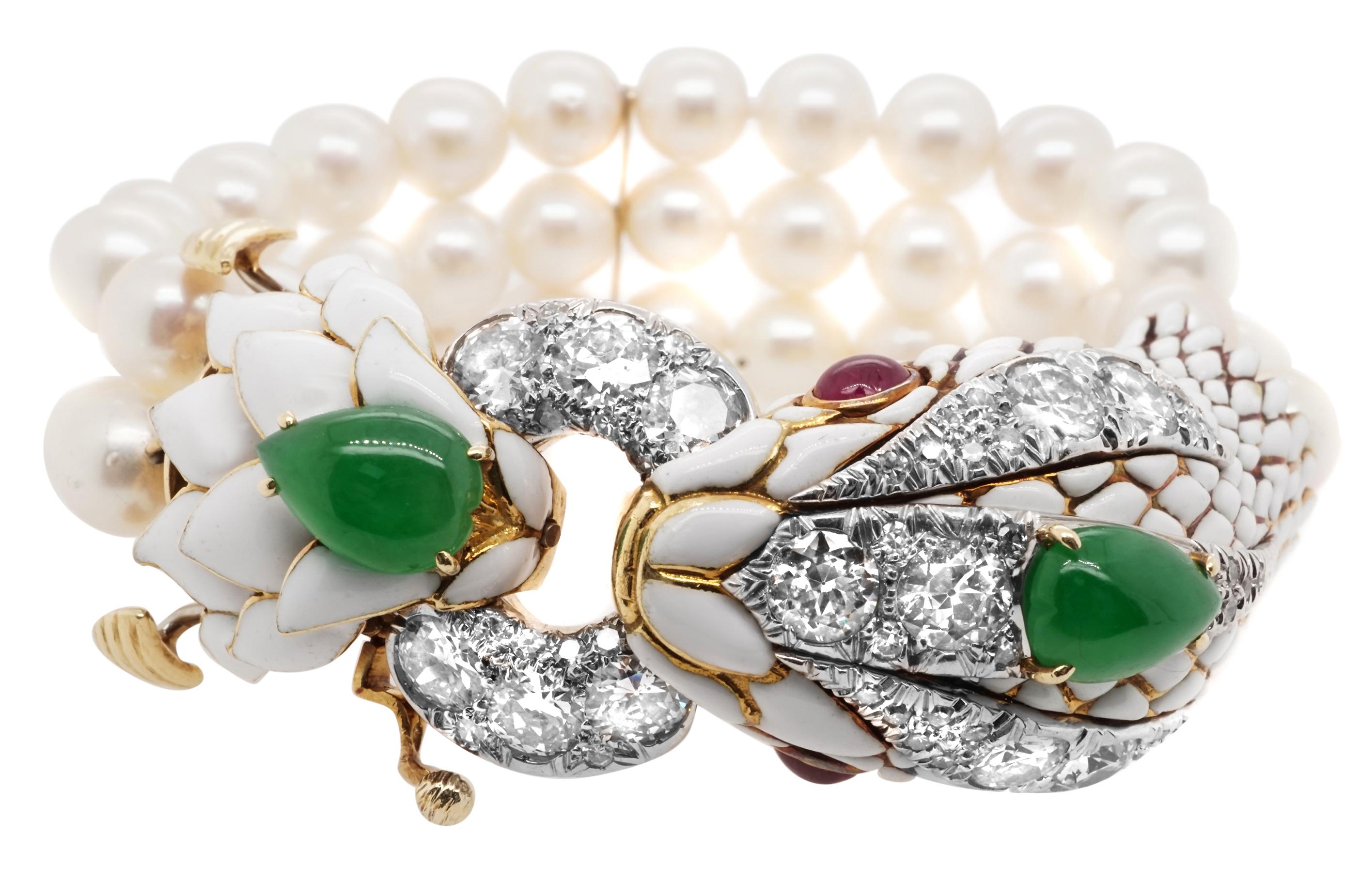 David Webb Platinum Gold Diamond Jade Ruby Pearl and Enamel Bracelet 5