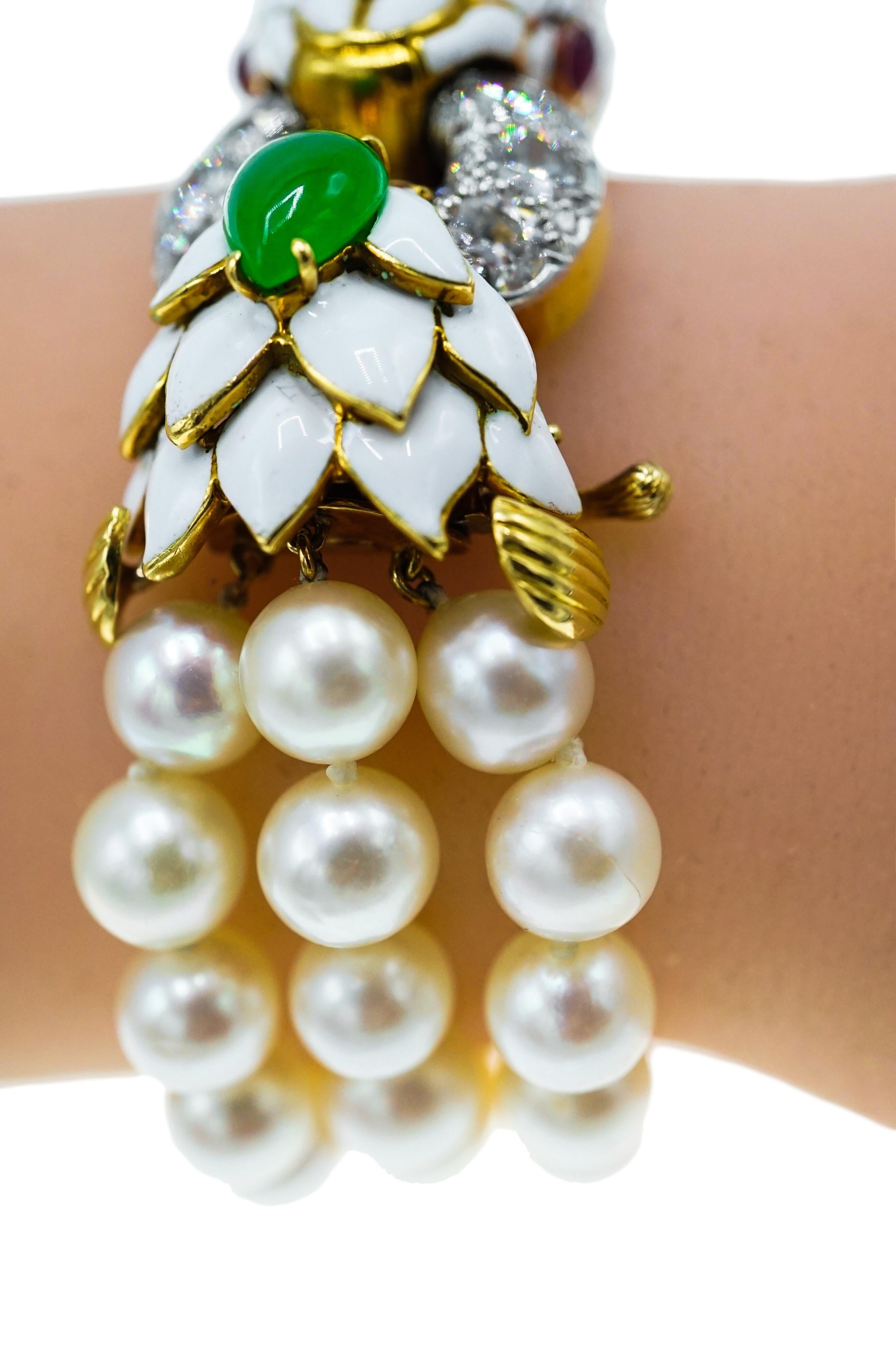 David Webb, Platinum Gold Diamond Jade Ruby Pearl and Enamel Bracelet 4
