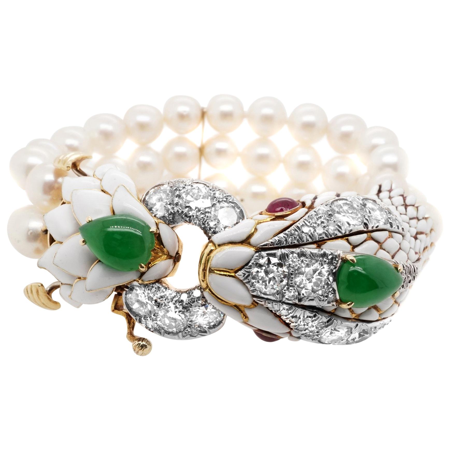 David Webb, Platinum Gold Diamond Jade Ruby Pearl and Enamel Bracelet