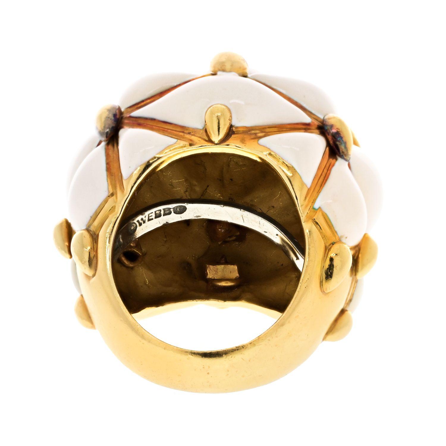 Modern David Webb Platinum & Gold Dome Off White Enamel Cream Criss Cross Cocktail Ring For Sale