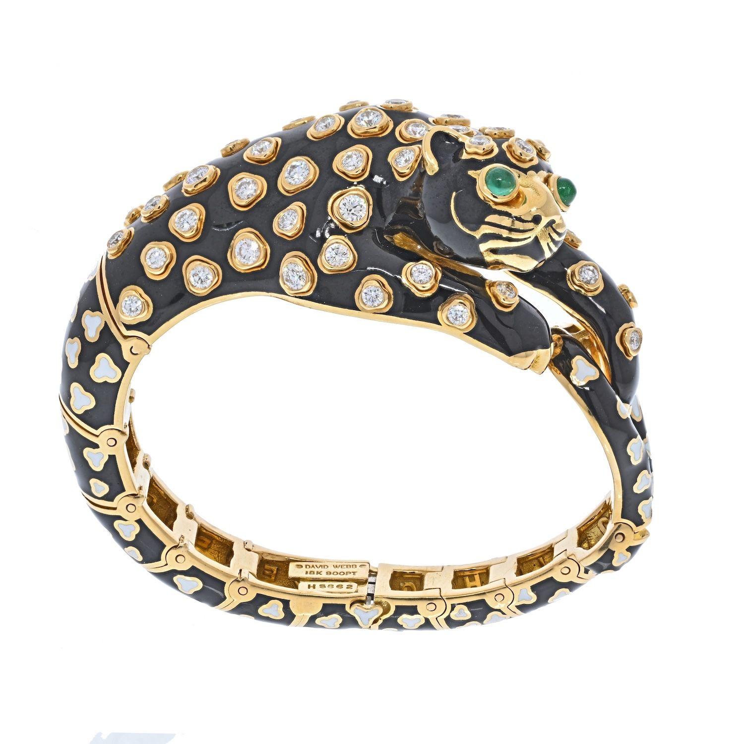 David Webb Platinum & Gold Enamel, Diamonds Green Emeralds Leopard Bracelet In Excellent Condition For Sale In New York, NY