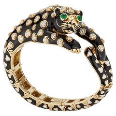 David Webb Platinum & Gold Enamel, Diamonds Green Emeralds Leopard Bracelet