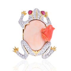 David Webb Platinum and Gold Frog with a Baby Frog in Diamonds and Coral Brooch