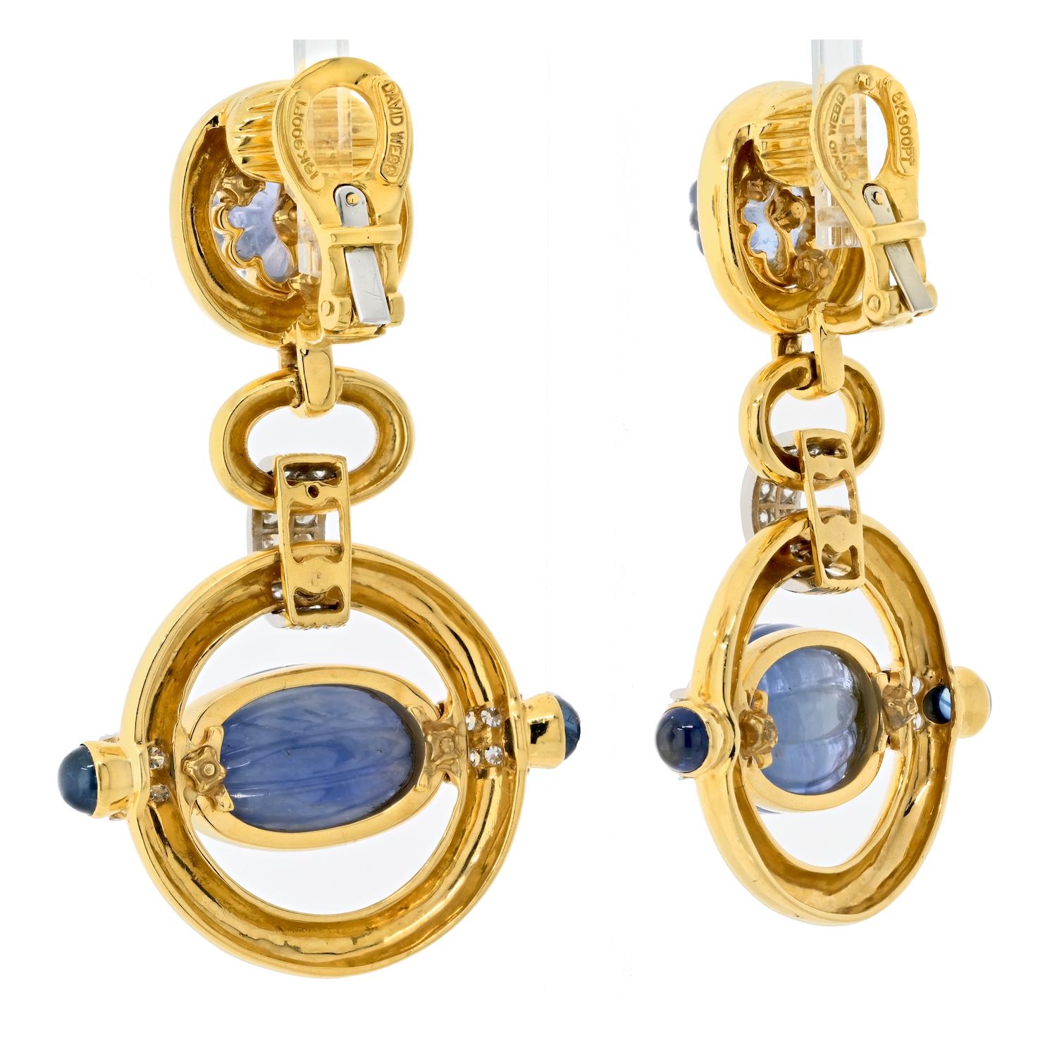 Modern David Webb Platinum & Gold Orbit Carved Sapphire Diamond Drop Danglin Earrings
