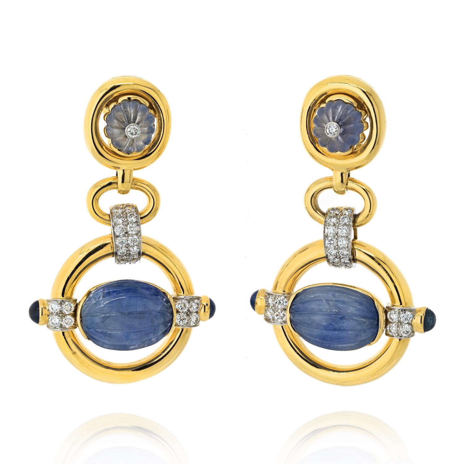 Women's David Webb Platinum & Gold Orbit Carved Sapphire Diamond Drop Danglin Earrings