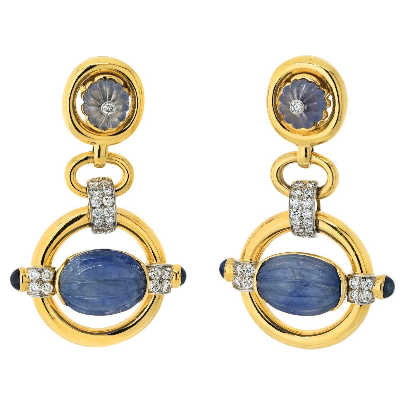 David Webb Platinum & Gold Orbit Carved Sapphire Diamond Drop Danglin Earrings