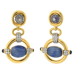David Webb Platinum & Gold Orbit Carved Sapphire Diamond Drop Danglin Earrings
