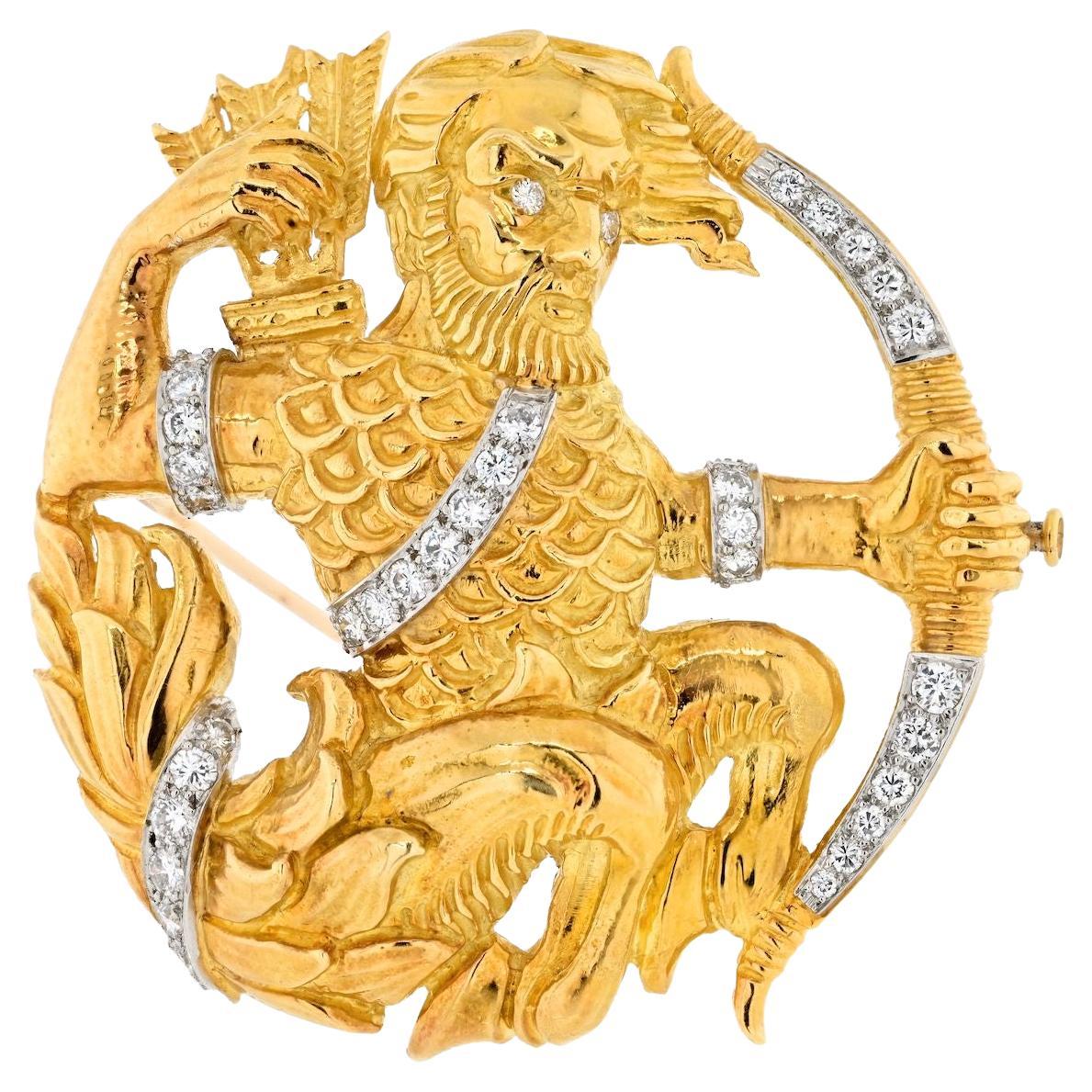 David Webb Platinum &  Gold Sagittarius Diamond Zodiac Pendant Pin Brooch