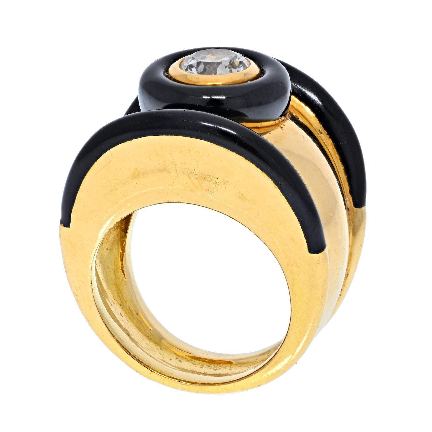 Modern David Webb Platinum & Gold Single Round Diamond Bezel Set Black Enamel Ring For Sale