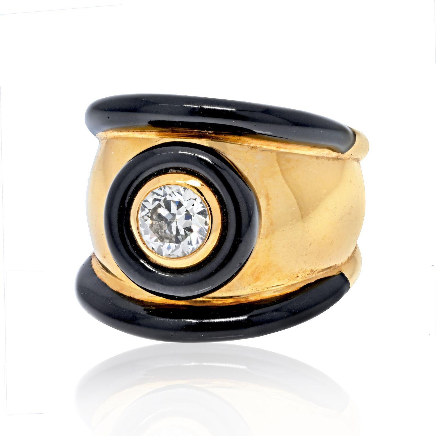Round Cut David Webb Platinum & Gold Single Round Diamond Bezel Set Black Enamel Ring For Sale