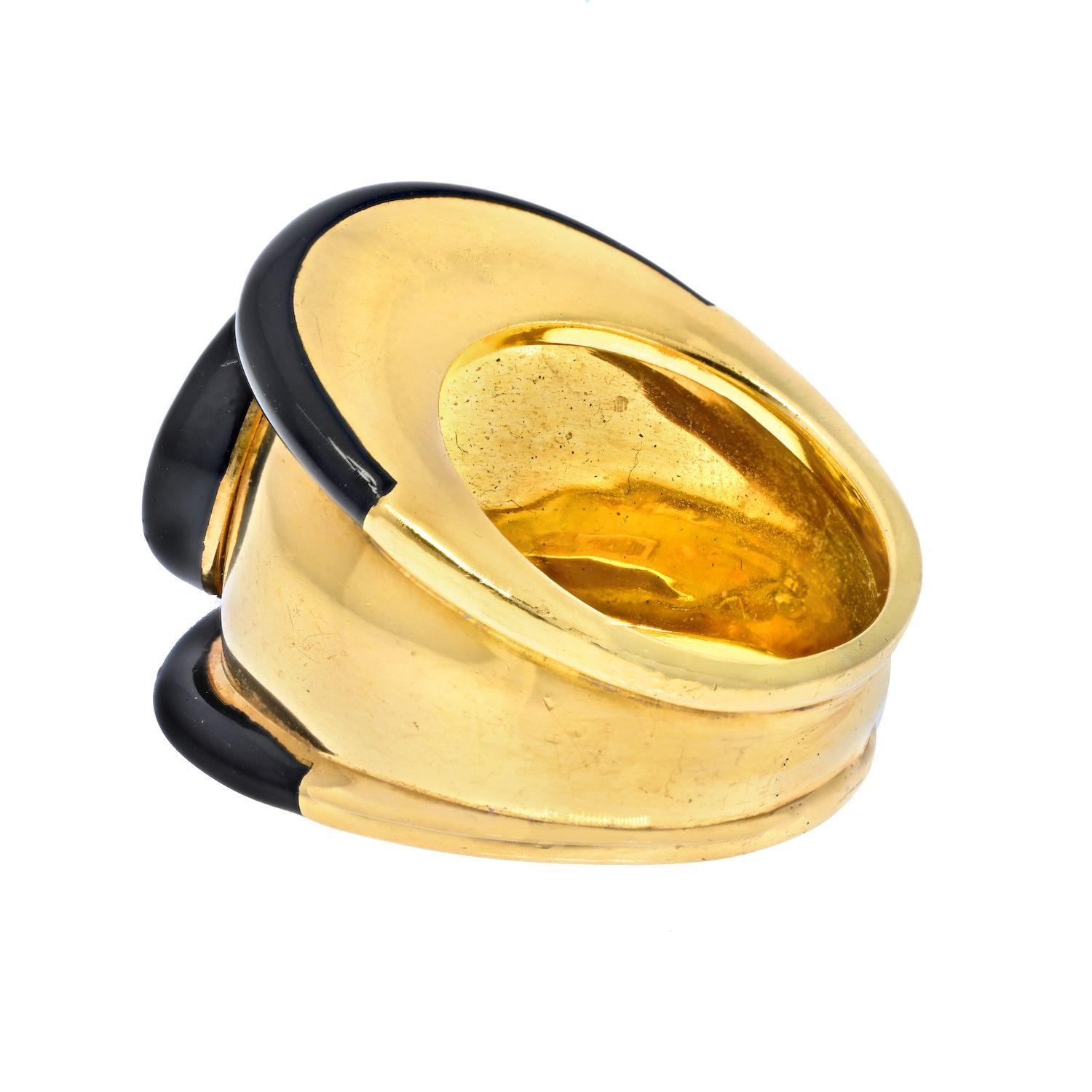 Women's David Webb Platinum & Gold Single Round Diamond Bezel Set Black Enamel Ring For Sale