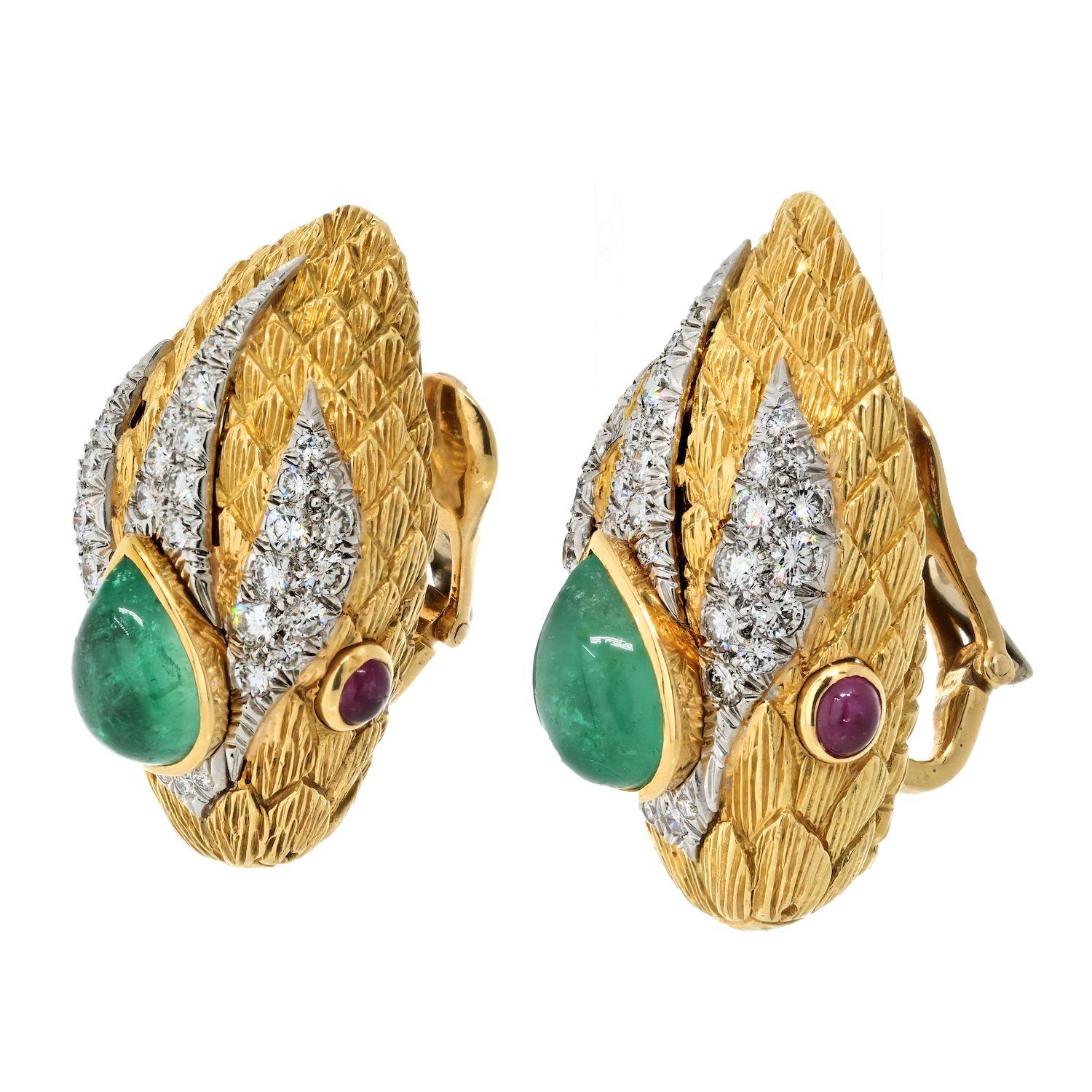 Modern David Webb Platinum & Gold Snake Green Emerald Ruby Diamond Clip on Earrings For Sale