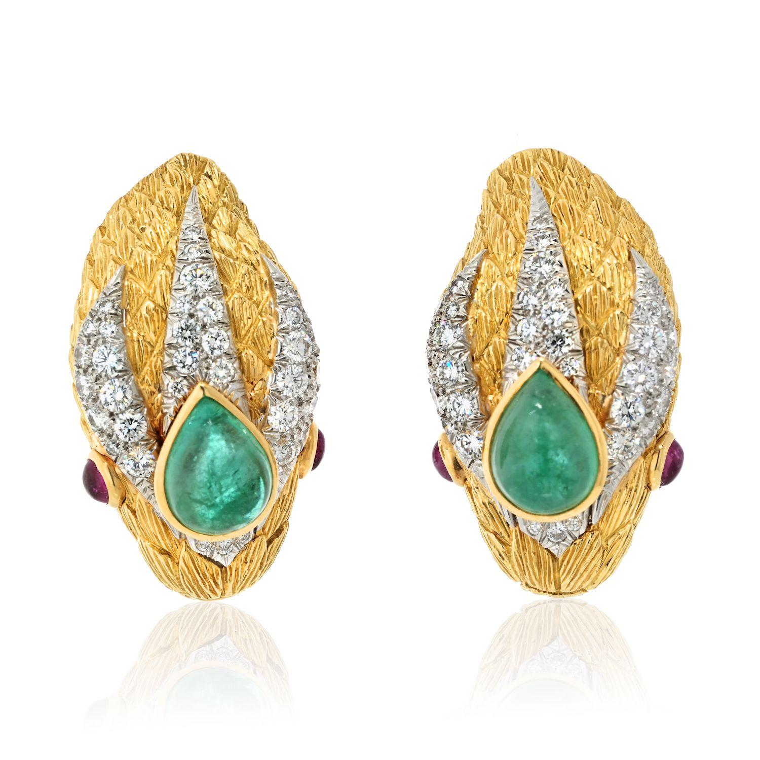 David Webb Platinum & Gold Snake Green Emerald Ruby Diamond Clip on Earrings In Excellent Condition For Sale In New York, NY