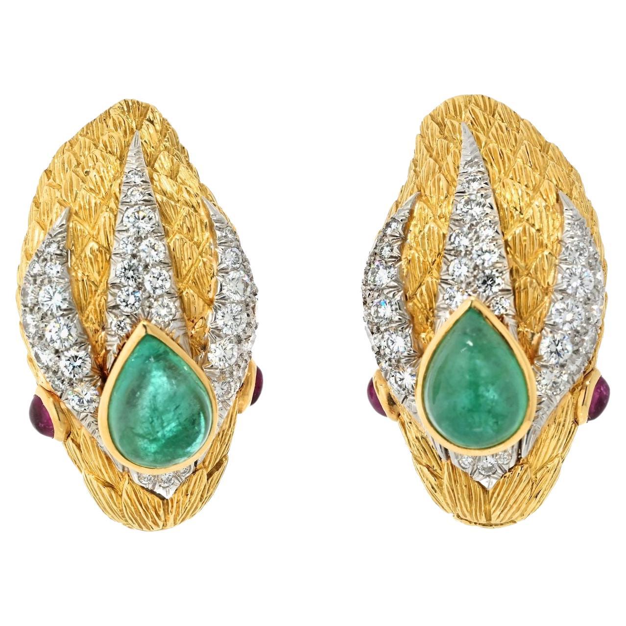 David Webb Platinum & Gold Snake Green Emerald Ruby Diamond Clip on Earrings For Sale