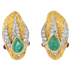 David Webb Platinum & Gold Snake Green Emerald Ruby Diamond Clip on Earrings